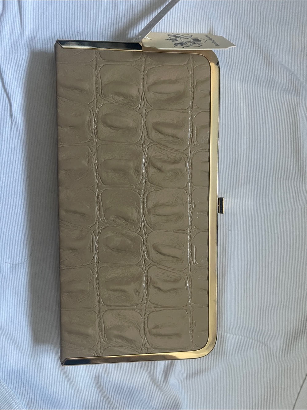 Taupe Croc-Embossed Leather Clutch with Gold Trim
